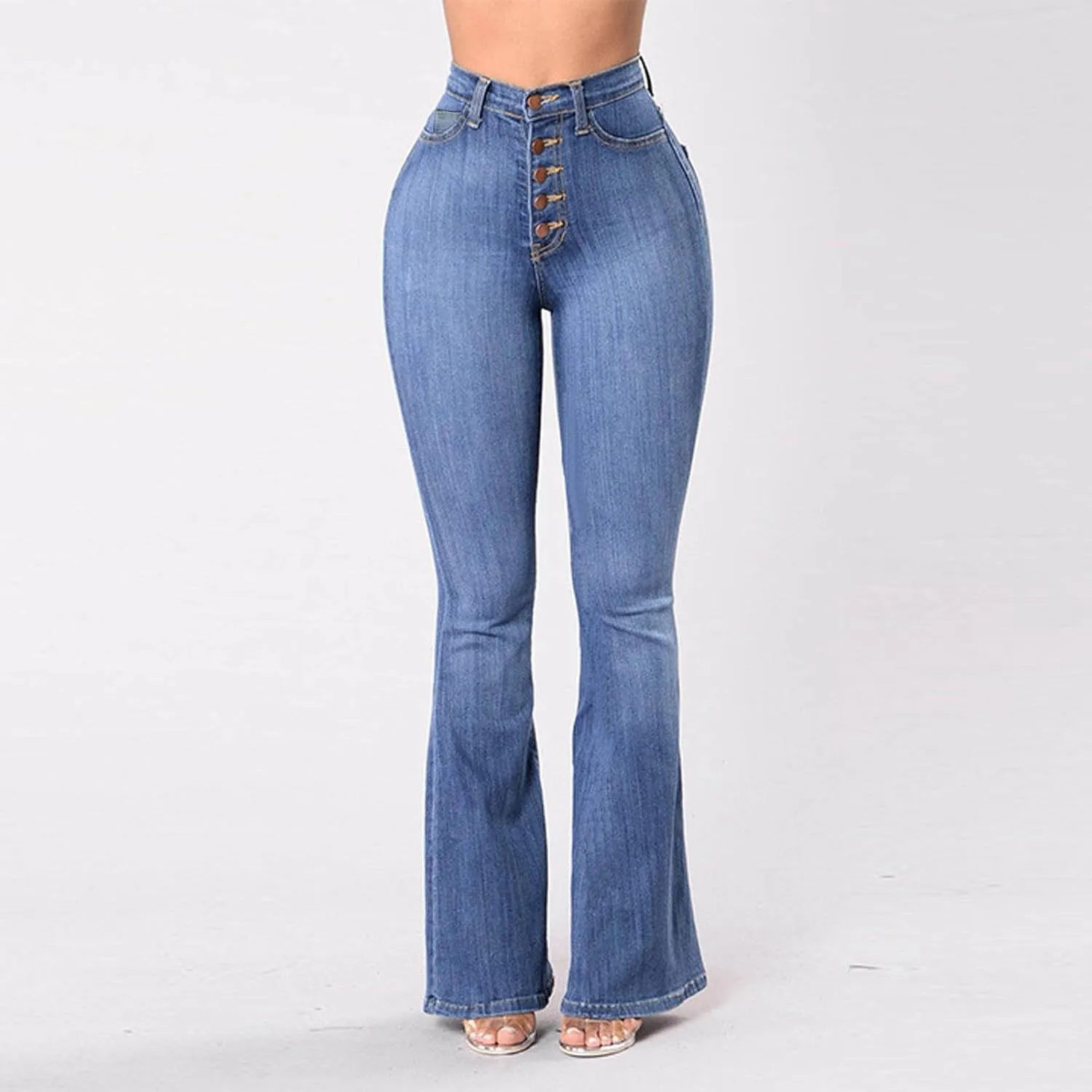 Jeans for Women Sexy High-Waist Button Wide-Legged Casual Denim Pants Classic Skinny Elastic Flared Trousers Jeans