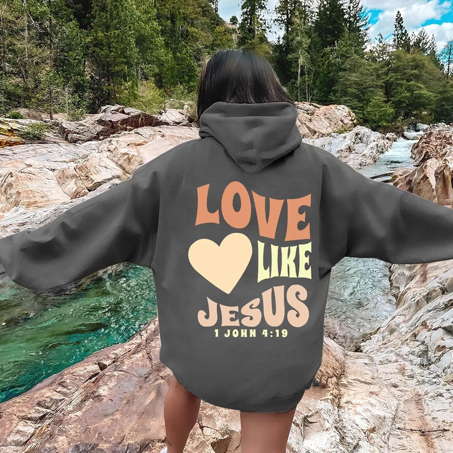 Jesus Loves You Sweatshirt for Women Casual Trendy Loose Fit Oversized Christian Sweatshirts Drawstring Pullover Y2k Hoodie