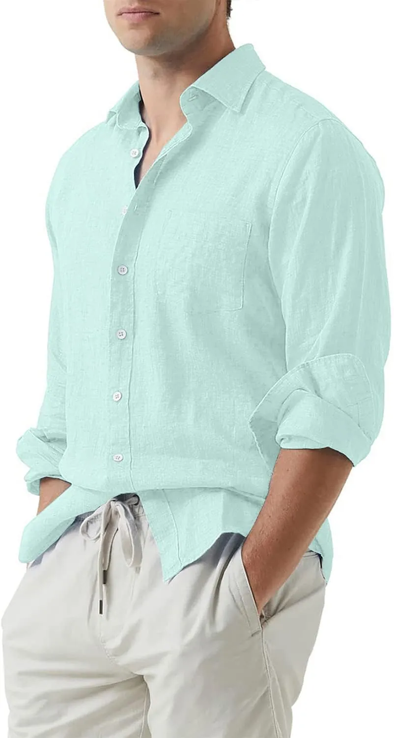 JMIERR Mens Cotton Linen Casual Stylish Button Down Shirt Long Sleeve Dress Shirts