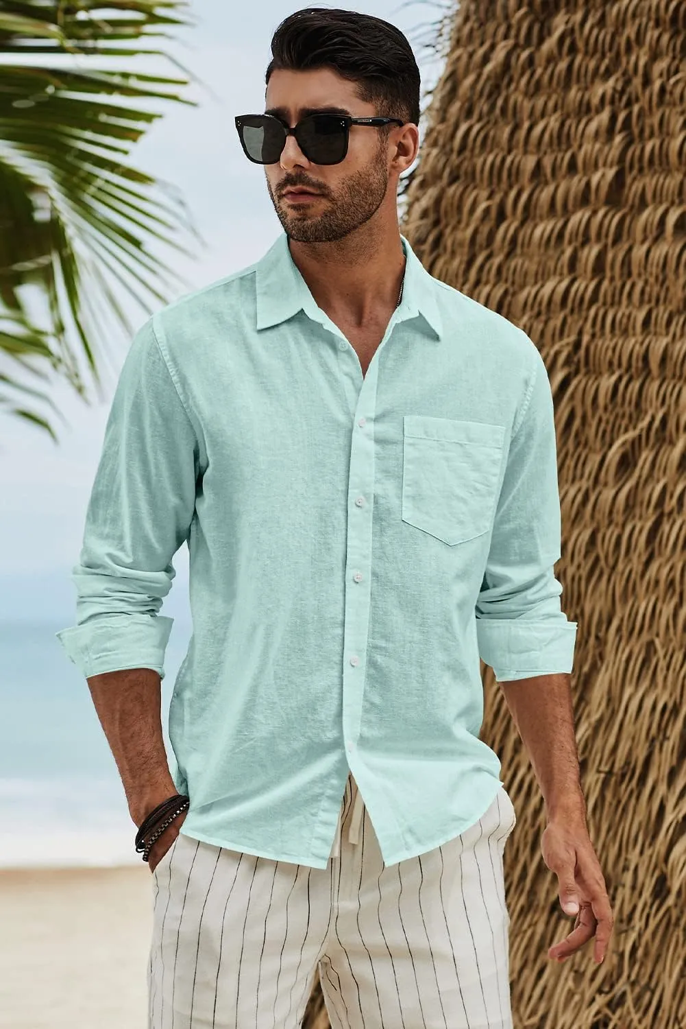 JMIERR Mens Cotton Linen Casual Stylish Button Down Shirt Long Sleeve Dress Shirts