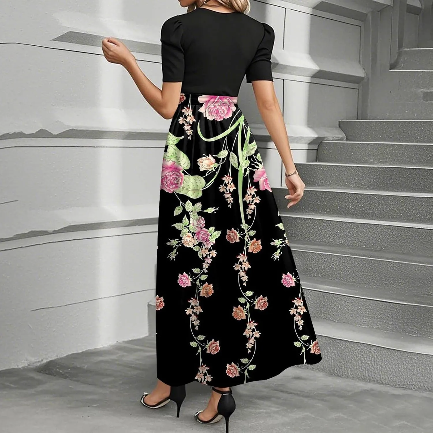 Kenvina Summer Dresses for Women Floral Print Flowy Short Sleeve Dress Patchwork Empire Waist Dress Tie Belted Maxi Dress