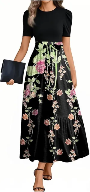 Kenvina Summer Dresses for Women Floral Print Flowy Short Sleeve Dress Patchwork Empire Waist Dress Tie Belted Maxi Dress