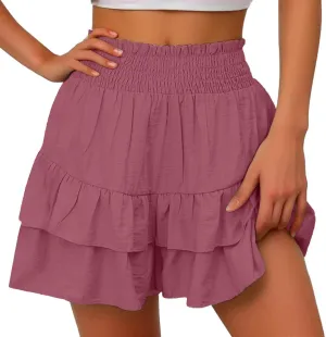 Kubbon Womens Flowy Shorts Smocked High Waisted Wide Leg Shorts Casual Loose Tiered Beach Skorts Summer Vacation Outfits