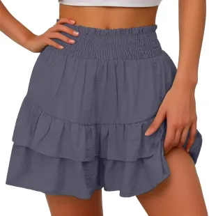 Kubbon Womens Flowy Shorts Smocked High Waisted Wide Leg Shorts Casual Loose Tiered Beach Skorts Summer Vacation Outfits