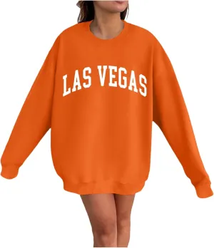 Las Vegas Sweatshirts for Women Letter Print Loose Fit Trendy Casual Pullover Tops Hoodies Crew Neck Sweatshirt