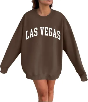 Las Vegas Sweatshirts for Women Letter Print Loose Fit Trendy Casual Pullover Tops Hoodies Crew Neck Sweatshirt