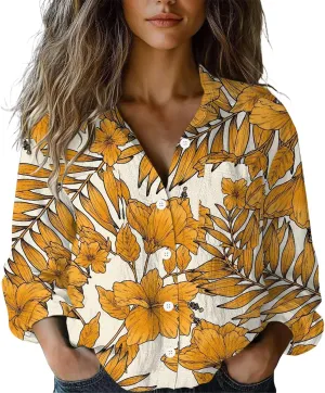 Linen Boho Floral Shirts for Women Long Sleeve Button Down V Neck Ethnic Tops Casual Blouse Summer Vintage Shirts