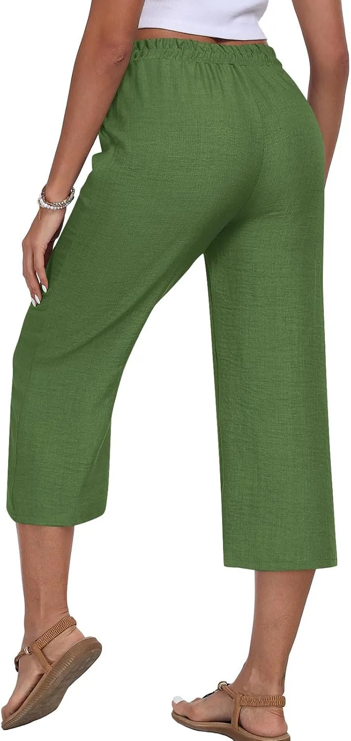 Linen Capri Pants for Women 2025 Casual Elastic Waist Cropped Trouser Trendy Resort Wear Beach Vacation Capris Clothes