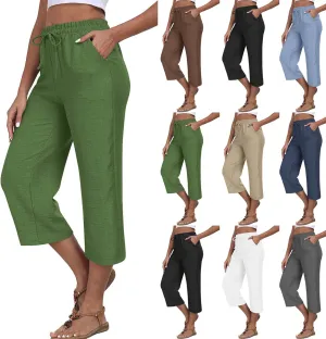 Linen Capri Pants for Women 2025 Casual Elastic Waist Cropped Trouser Trendy Resort Wear Beach Vacation Capris Clothes