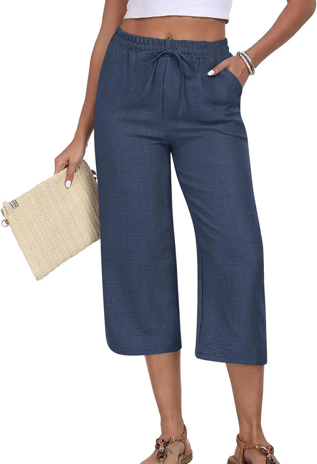 Linen Capri Pants for Women 2025 Casual Elastic Waist Cropped Trouser Trendy Resort Wear Beach Vacation Capris Clothes