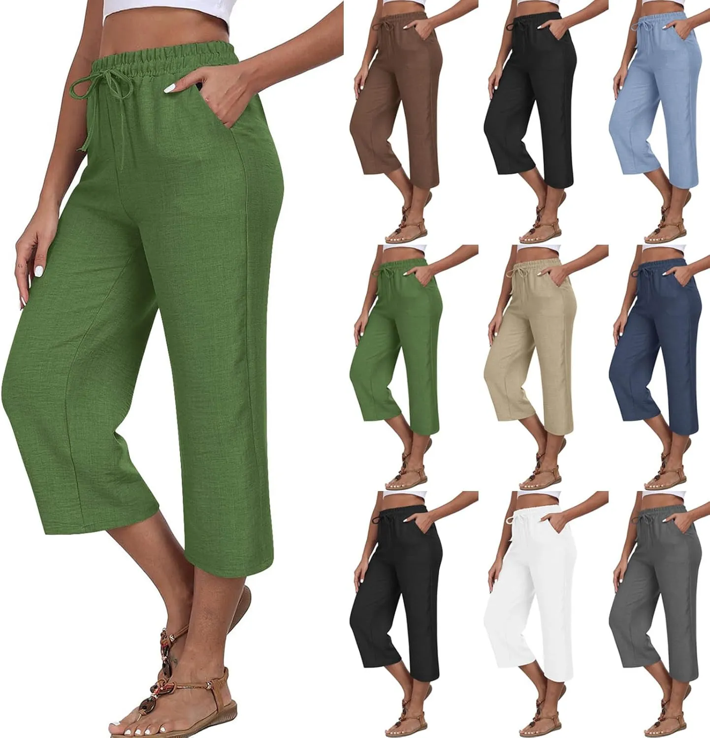 Linen Capri Pants for Women 2025 Casual Elastic Waist Cropped Trouser Trendy Resort Wear Beach Vacation Capris Clothes