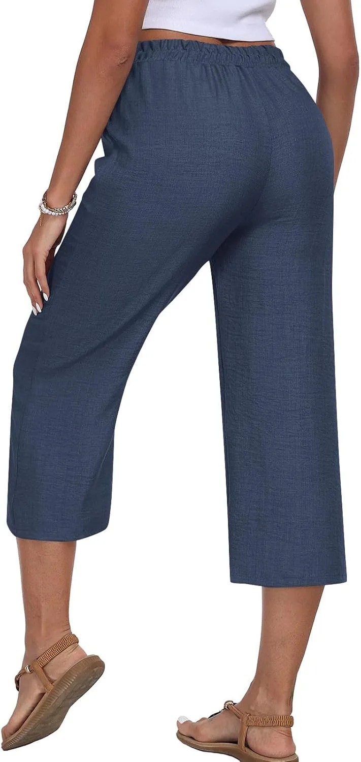 Linen Capri Pants for Women 2025 Casual Elastic Waist Cropped Trouser Trendy Resort Wear Beach Vacation Capris Clothes