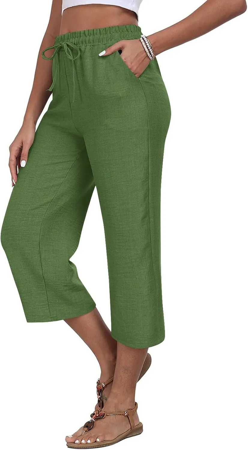 Linen Capri Pants for Women 2025 Casual Elastic Waist Cropped Trouser Trendy Resort Wear Beach Vacation Capris Clothes