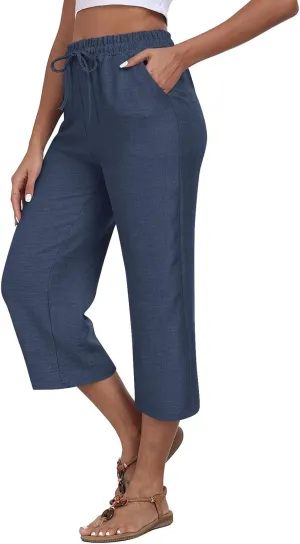 Linen Capri Pants for Women 2025 Casual Elastic Waist Cropped Trouser Trendy Resort Wear Beach Vacation Capris Clothes
