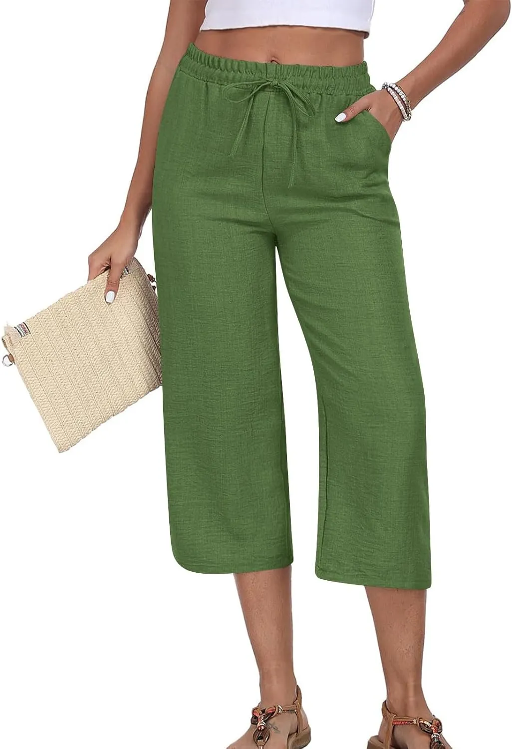 Linen Capri Pants for Women 2025 Casual Elastic Waist Cropped Trouser Trendy Resort Wear Beach Vacation Capris Clothes