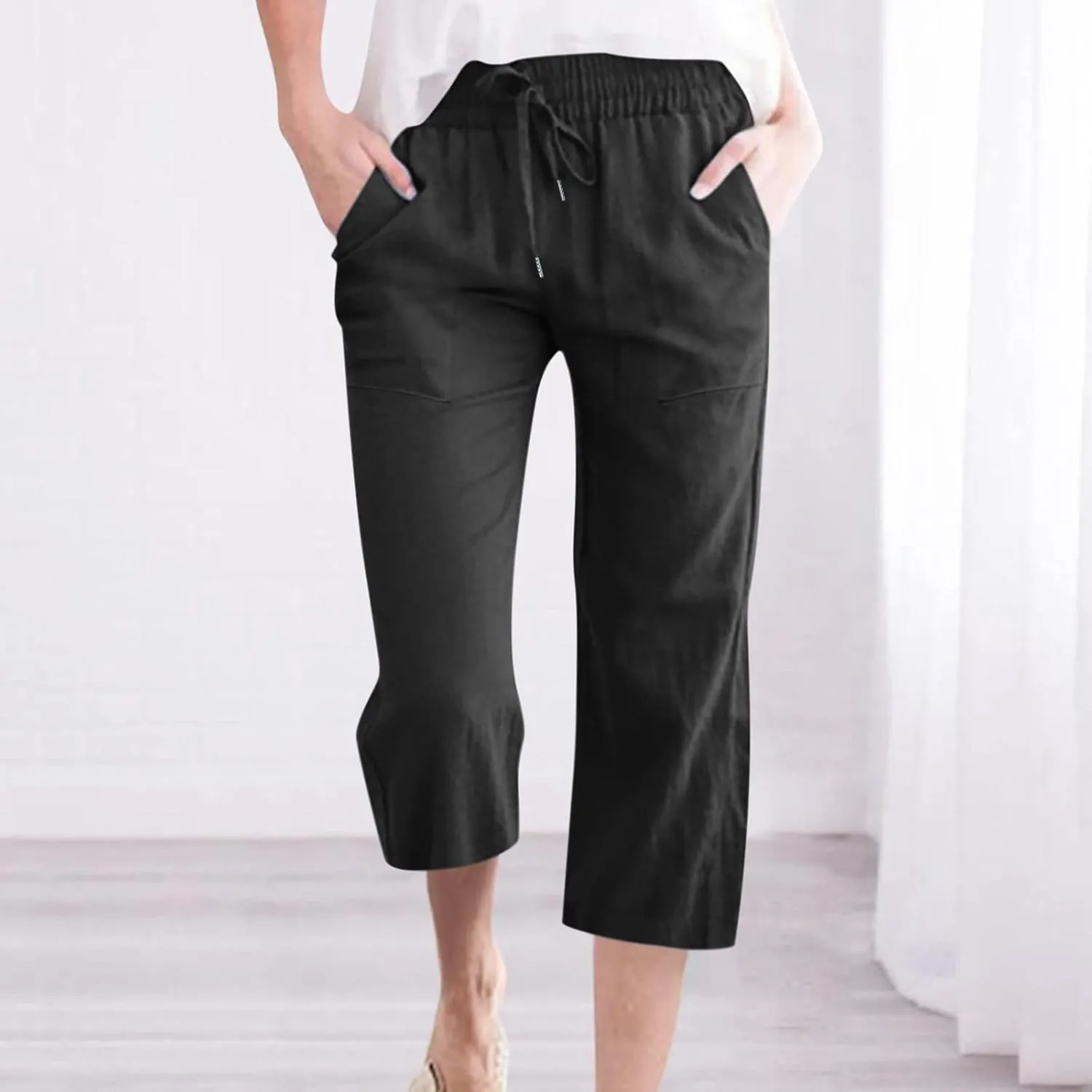 Linen Capri Pants for Women Casual Summer 2024 High Waist Drawstring Wide Leg Lounge Pant Resort Wear Cropped Trouser