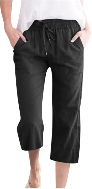 Linen Capri Pants for Women Casual Summer 2024 High Waist Drawstring Wide Leg Lounge Pant Resort Wear Cropped Trouser