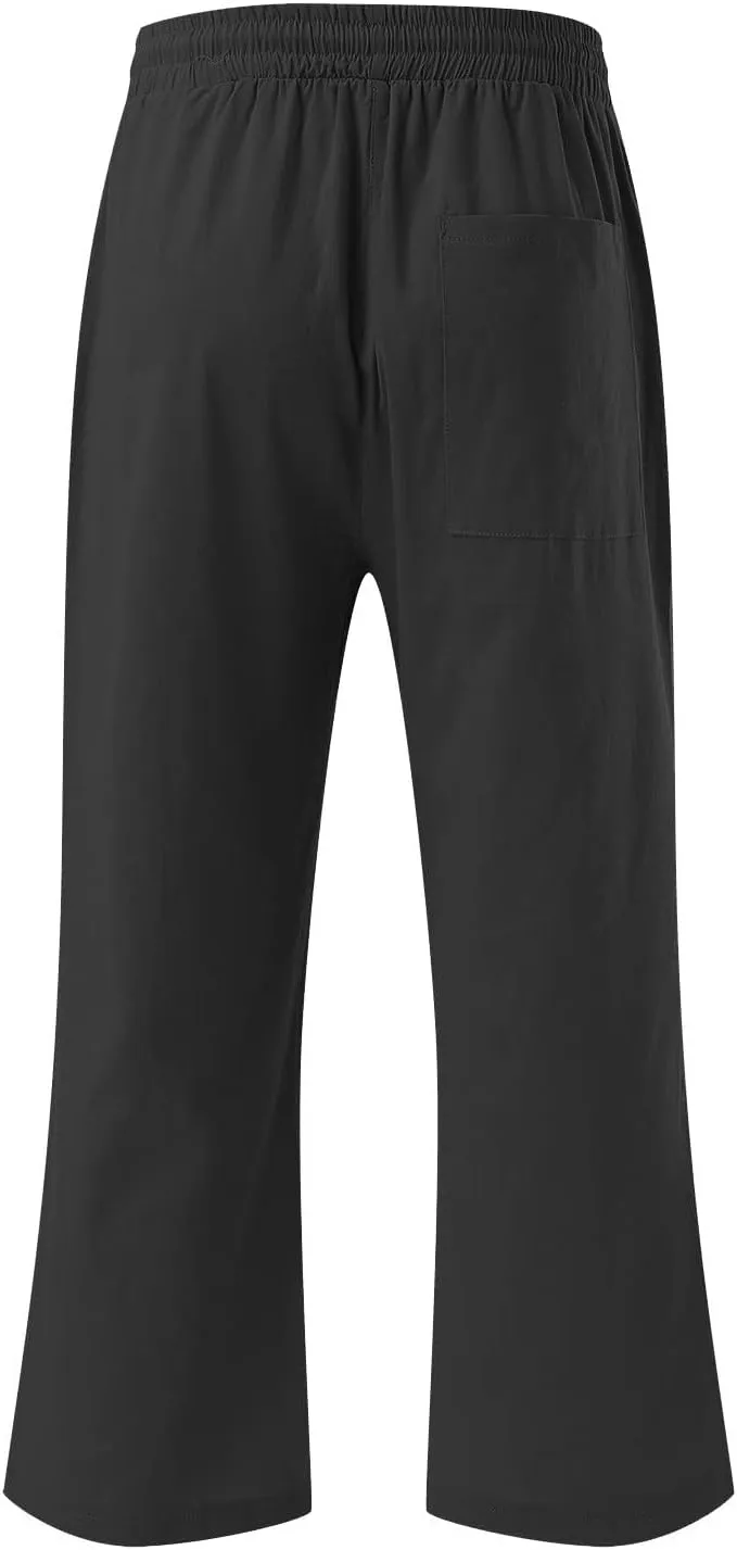 Linen Capri Pants for Women Casual Summer 2024 High Waist Drawstring Wide Leg Lounge Pant Resort Wear Cropped Trouser
