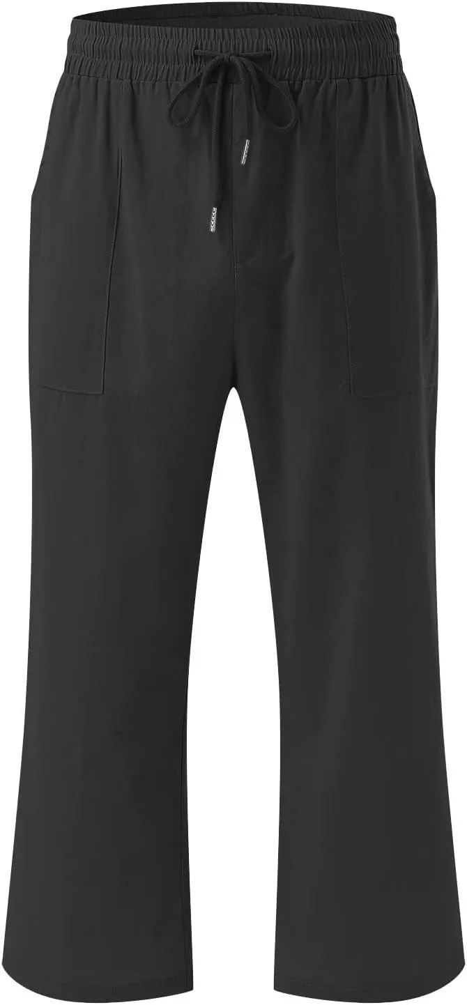 Linen Capri Pants for Women Casual Summer 2024 High Waist Drawstring Wide Leg Lounge Pant Resort Wear Cropped Trouser