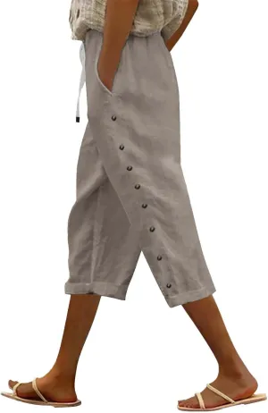 Linen Capri Pants for Women High Waisted Summer Capri Pants Elastic Waist Cotton Linen Yoga Cropped Trousers