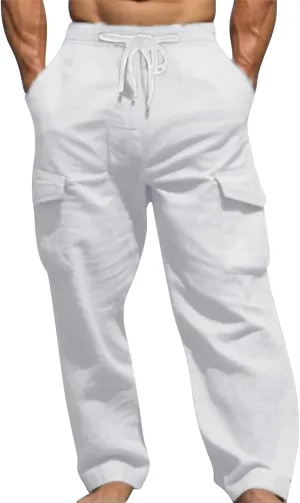 Linen Cargo Pants for Mens Casual Solid Color Drawstring Pants Lightweight Breathable Plain Outdoor Sweatpants with Pockets