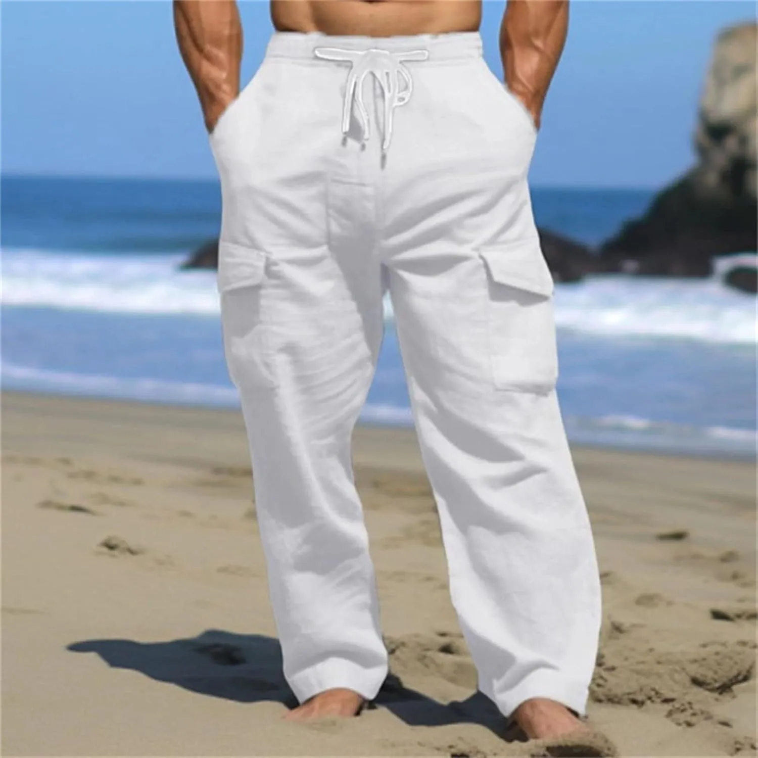 Linen Cargo Pants for Mens Casual Solid Color Drawstring Pants Lightweight Breathable Plain Outdoor Sweatpants with Pockets