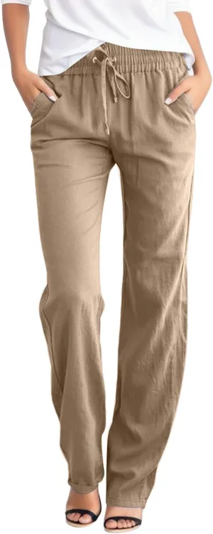 Linen Pants for Women High Waist Casual Wide Leg Pants Drawstring Summer Pants with Pockets Beach Palazzo Pants Trousers, X-Large, #A2-khaki