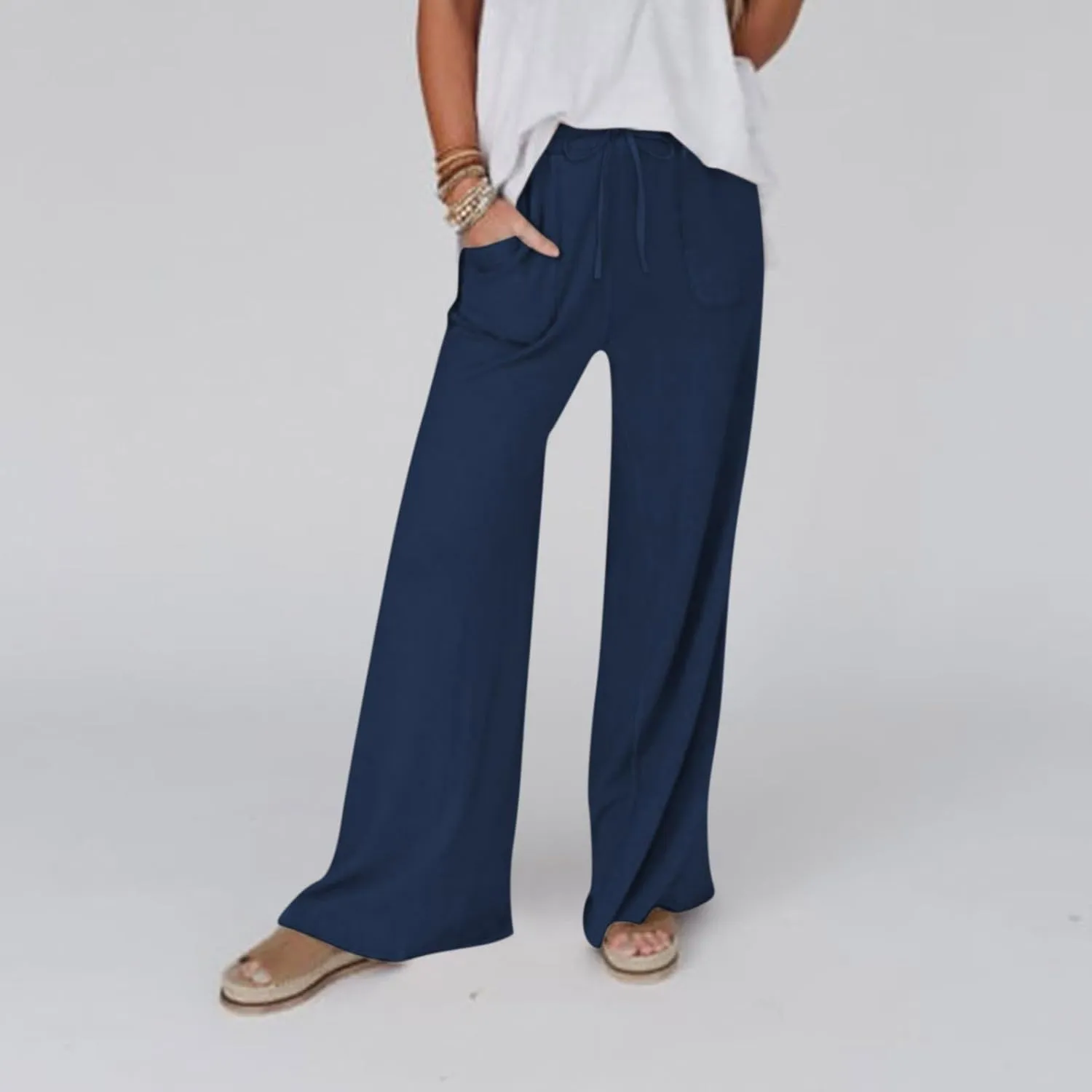 Linen Pants Women Summer Elastic High Waisted Wide Leg Pants Drawstring Lightweight Summer Pants Boho Beach Trousers