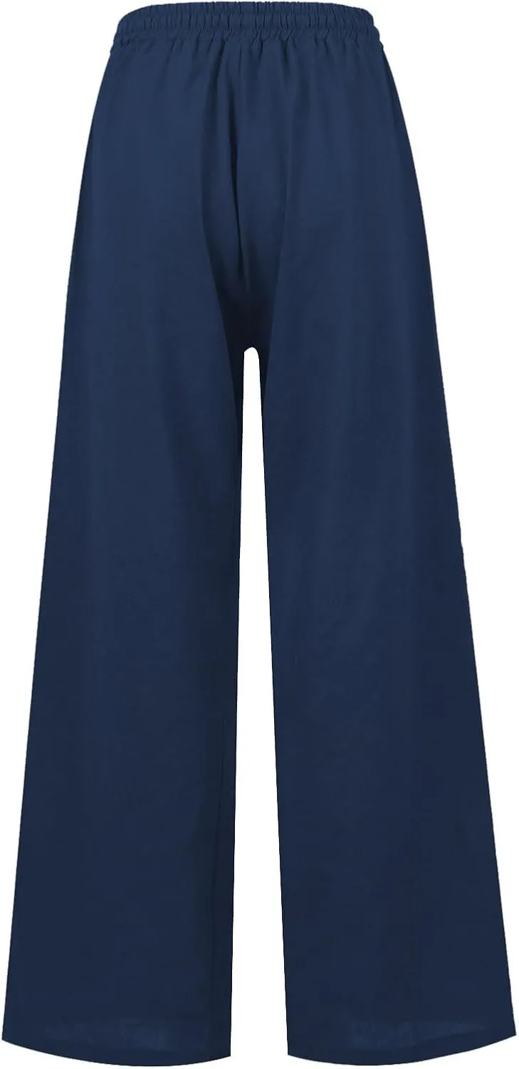 Linen Pants Women Summer Elastic High Waisted Wide Leg Pants Drawstring Lightweight Summer Pants Boho Beach Trousers