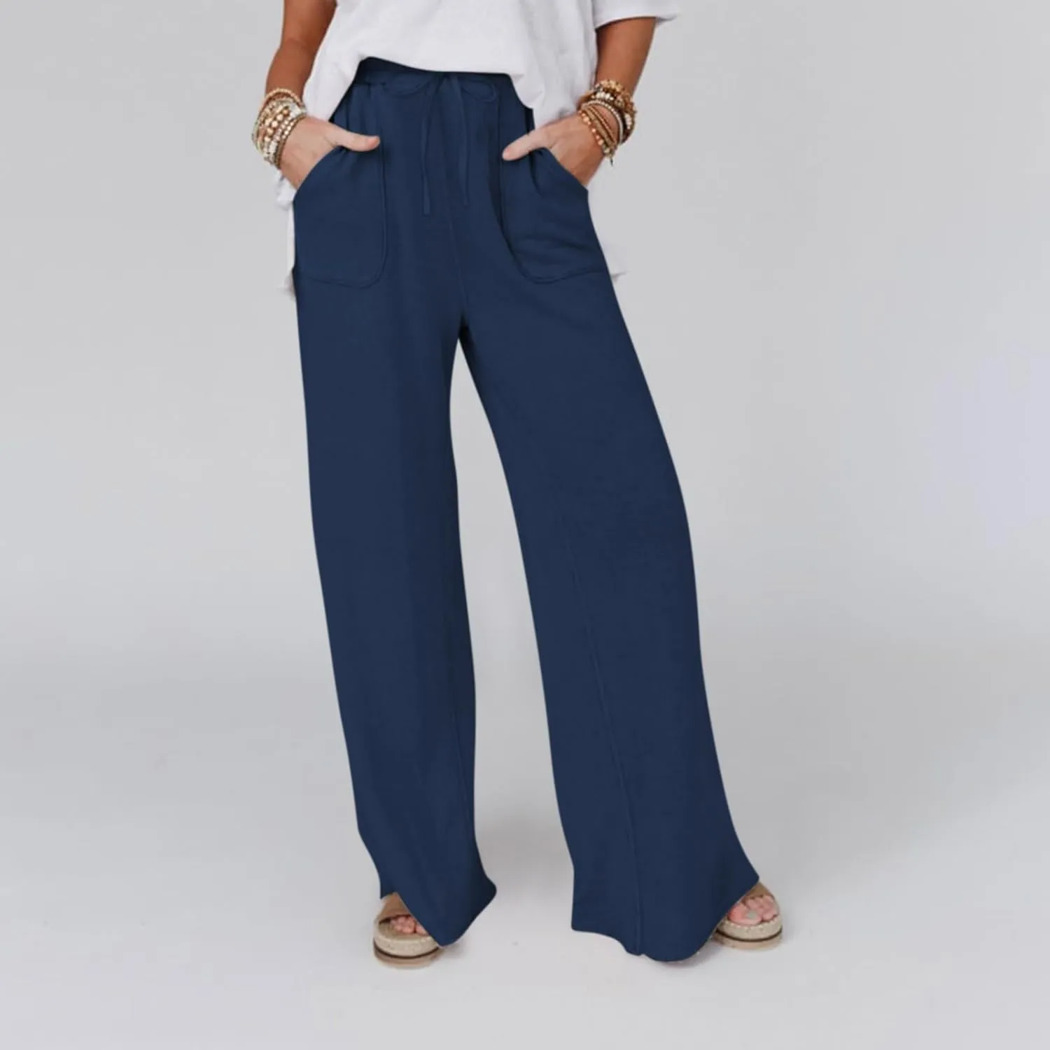 Linen Pants Women Summer Elastic High Waisted Wide Leg Pants Drawstring Lightweight Summer Pants Boho Beach Trousers