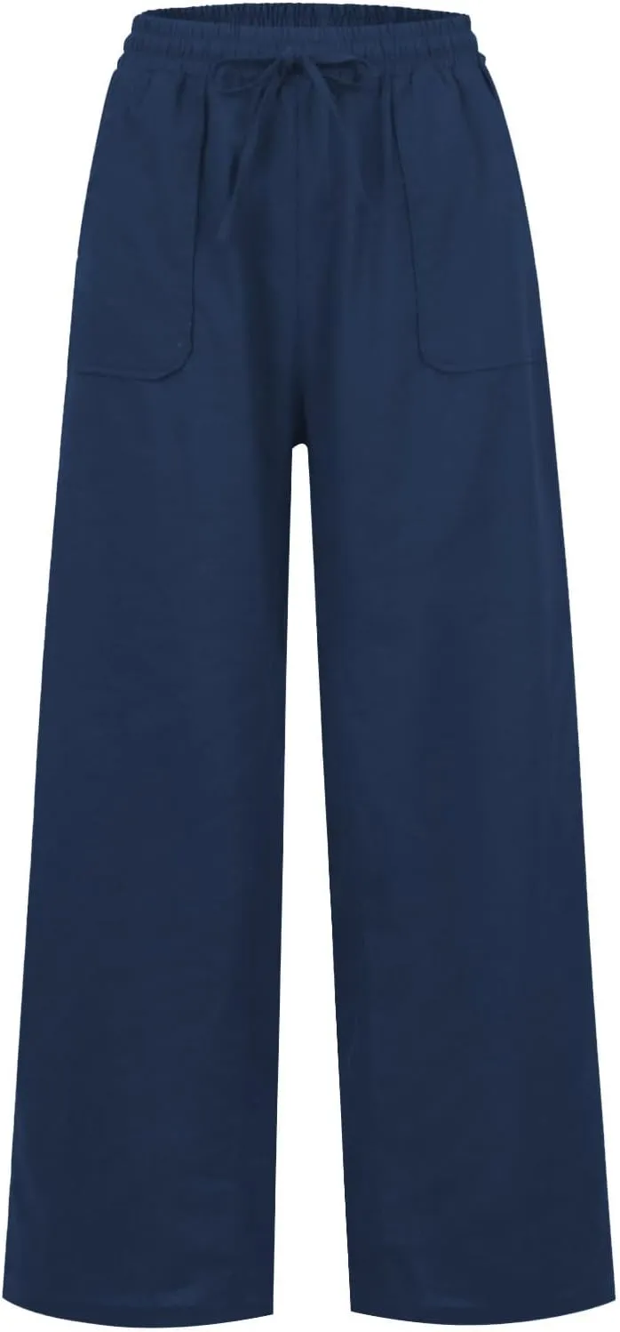 Linen Pants Women Summer Elastic High Waisted Wide Leg Pants Drawstring Lightweight Summer Pants Boho Beach Trousers