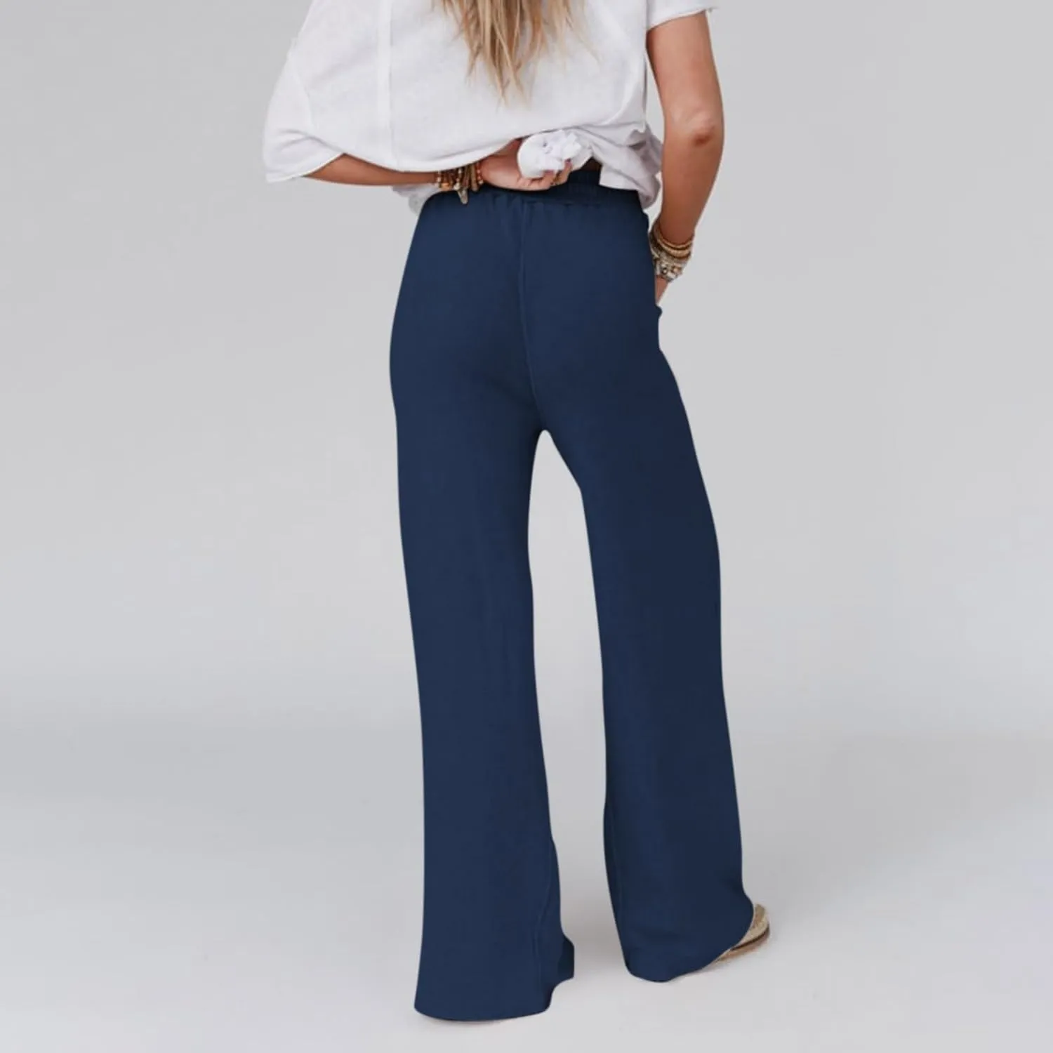Linen Pants Women Summer Elastic High Waisted Wide Leg Pants Drawstring Lightweight Summer Pants Boho Beach Trousers