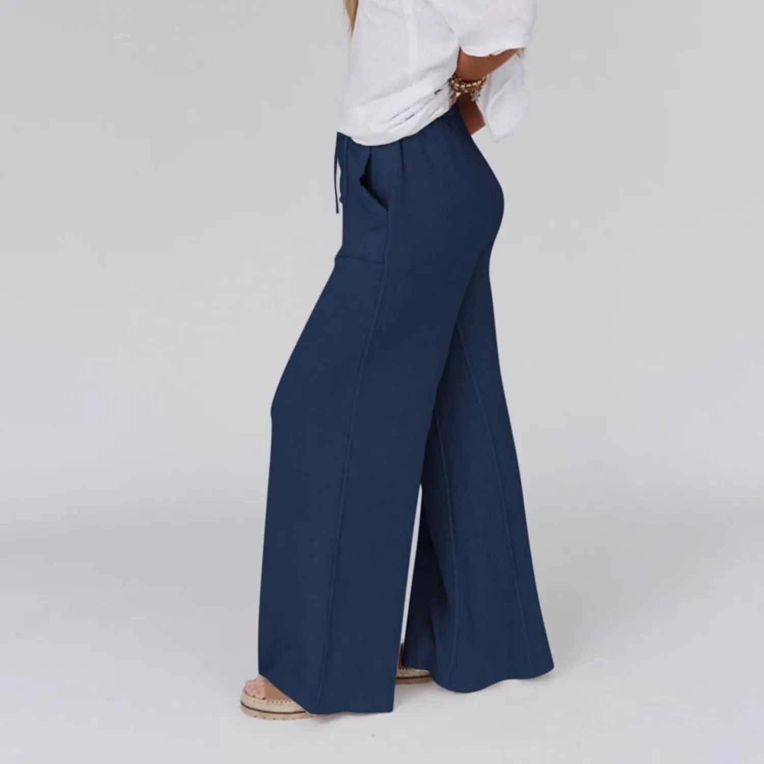 Linen Pants Women Summer Elastic High Waisted Wide Leg Pants Drawstring Lightweight Summer Pants Boho Beach Trousers