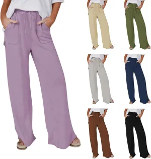 Linen Pants Women Summer Elastic High Waisted Wide Leg Pants Drawstring Lightweight Summer Pants Boho Beach Trousers