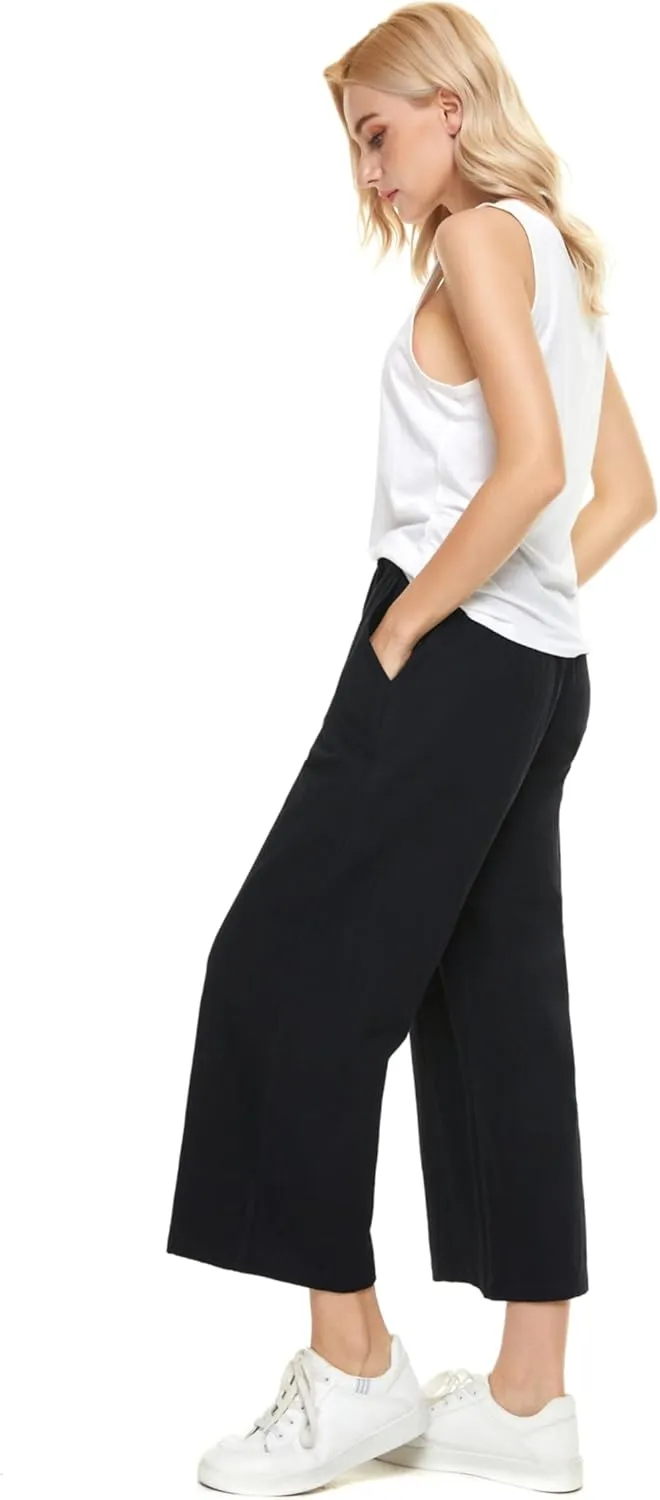 LNX Womens Wide Leg Linen Pants High Waisted Drawstring Flowy Casual Crop Trousers with Pockets