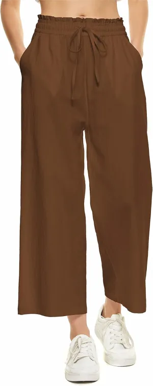 LNX Womens Wide Leg Linen Pants High Waisted Drawstring Flowy Casual Crop Trousers with Pockets
