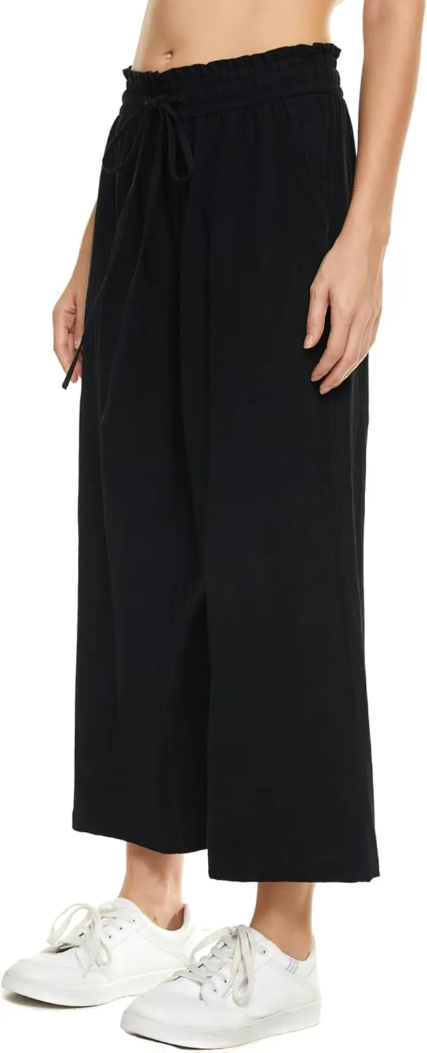 LNX Womens Wide Leg Linen Pants High Waisted Drawstring Flowy Casual Crop Trousers with Pockets