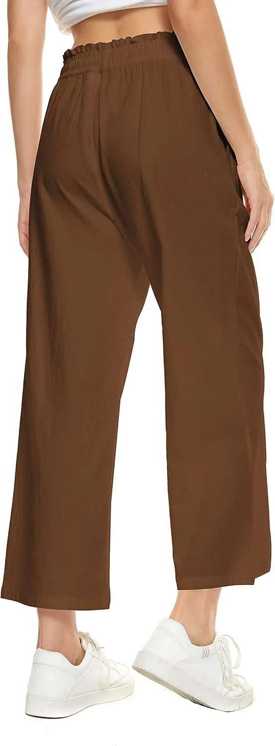 LNX Womens Wide Leg Linen Pants High Waisted Drawstring Flowy Casual Crop Trousers with Pockets