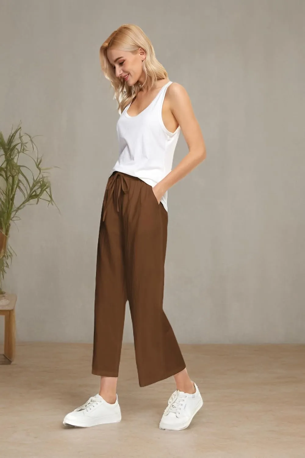 LNX Womens Wide Leg Linen Pants High Waisted Drawstring Flowy Casual Crop Trousers with Pockets