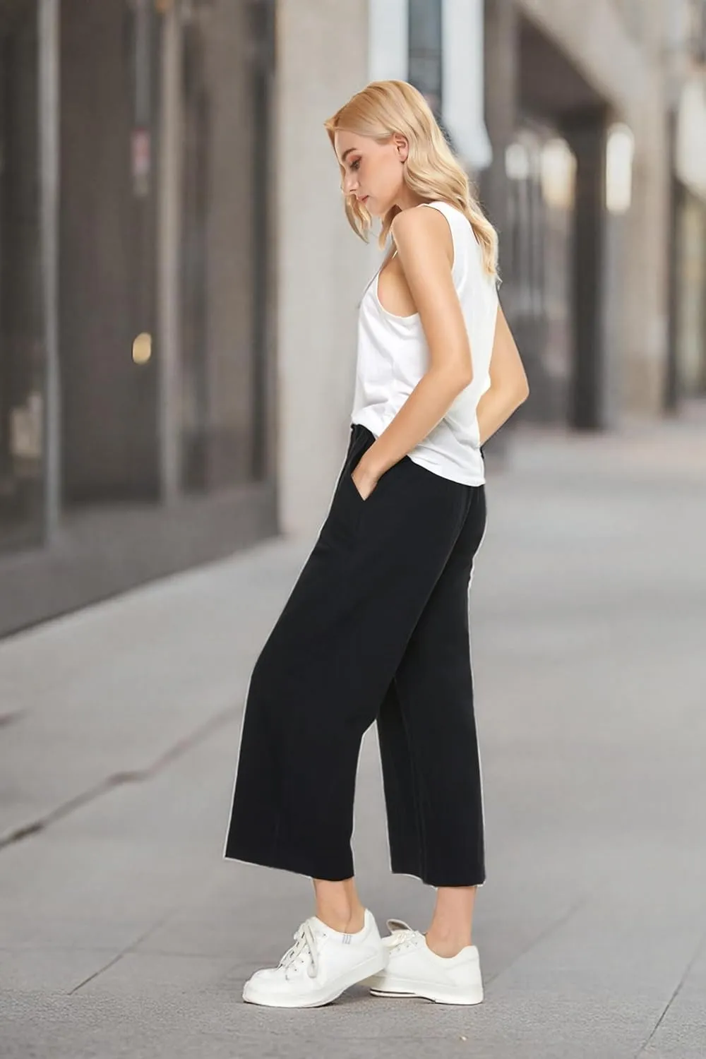 LNX Womens Wide Leg Linen Pants High Waisted Drawstring Flowy Casual Crop Trousers with Pockets