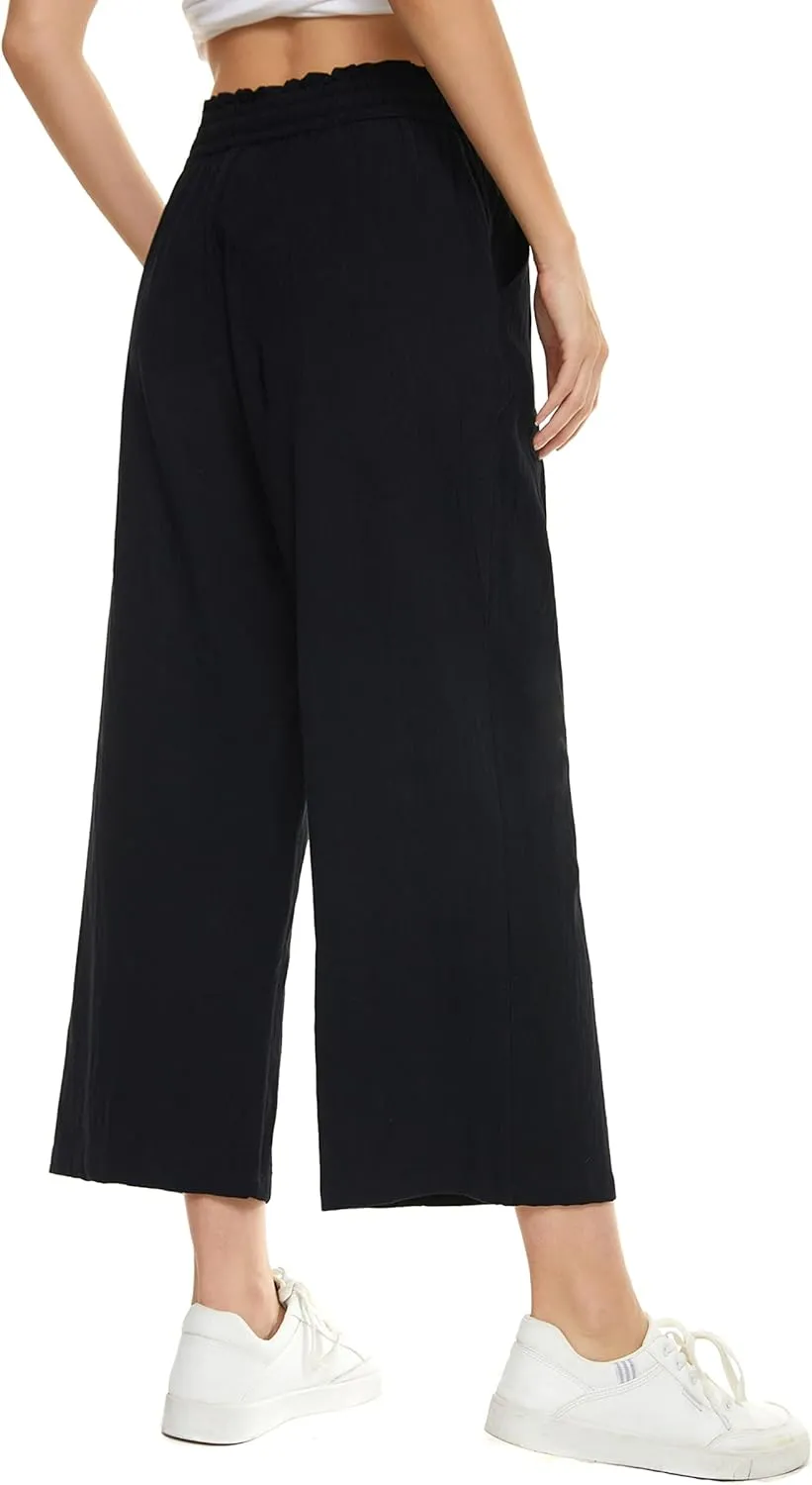 LNX Womens Wide Leg Linen Pants High Waisted Drawstring Flowy Casual Crop Trousers with Pockets