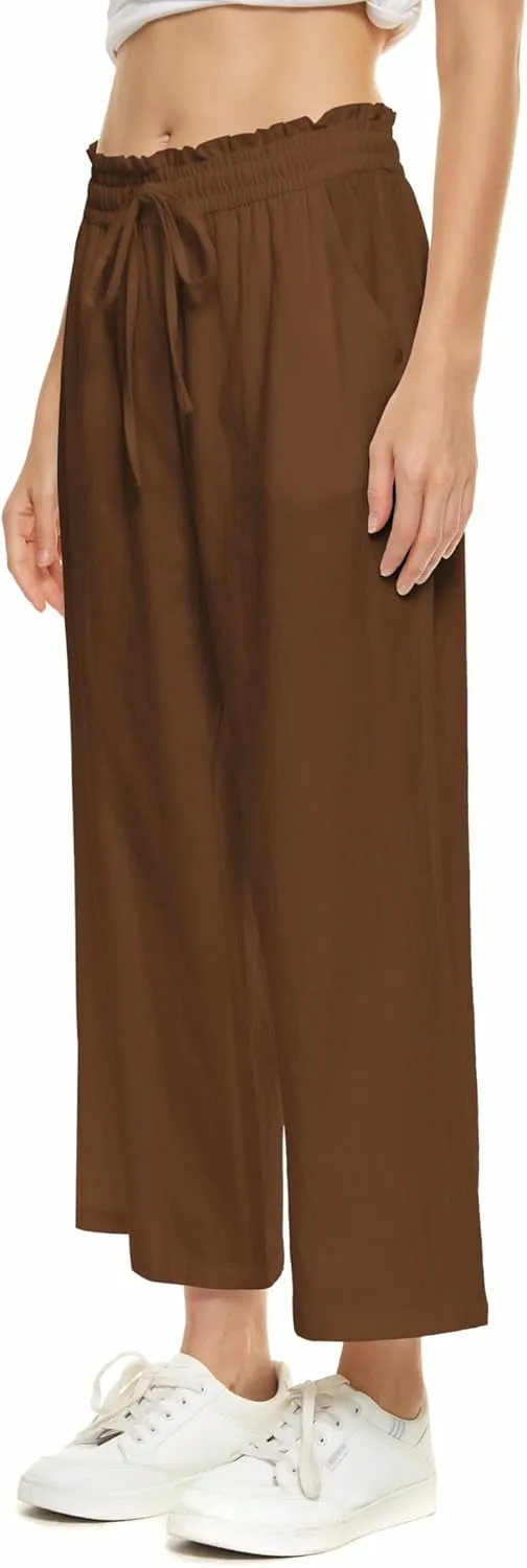 LNX Womens Wide Leg Linen Pants High Waisted Drawstring Flowy Casual Crop Trousers with Pockets