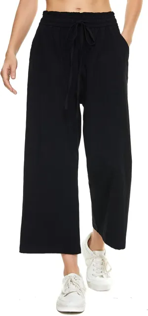 LNX Womens Wide Leg Linen Pants High Waisted Drawstring Flowy Casual Crop Trousers with Pockets