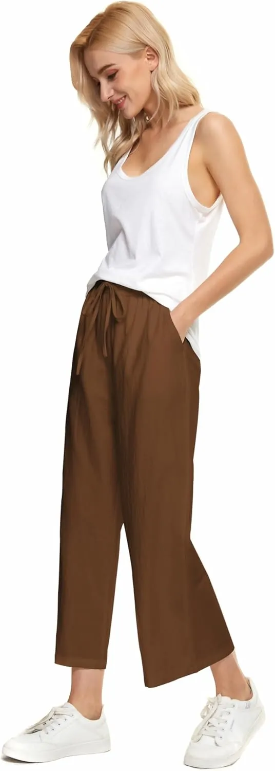 LNX Womens Wide Leg Linen Pants High Waisted Drawstring Flowy Casual Crop Trousers with Pockets