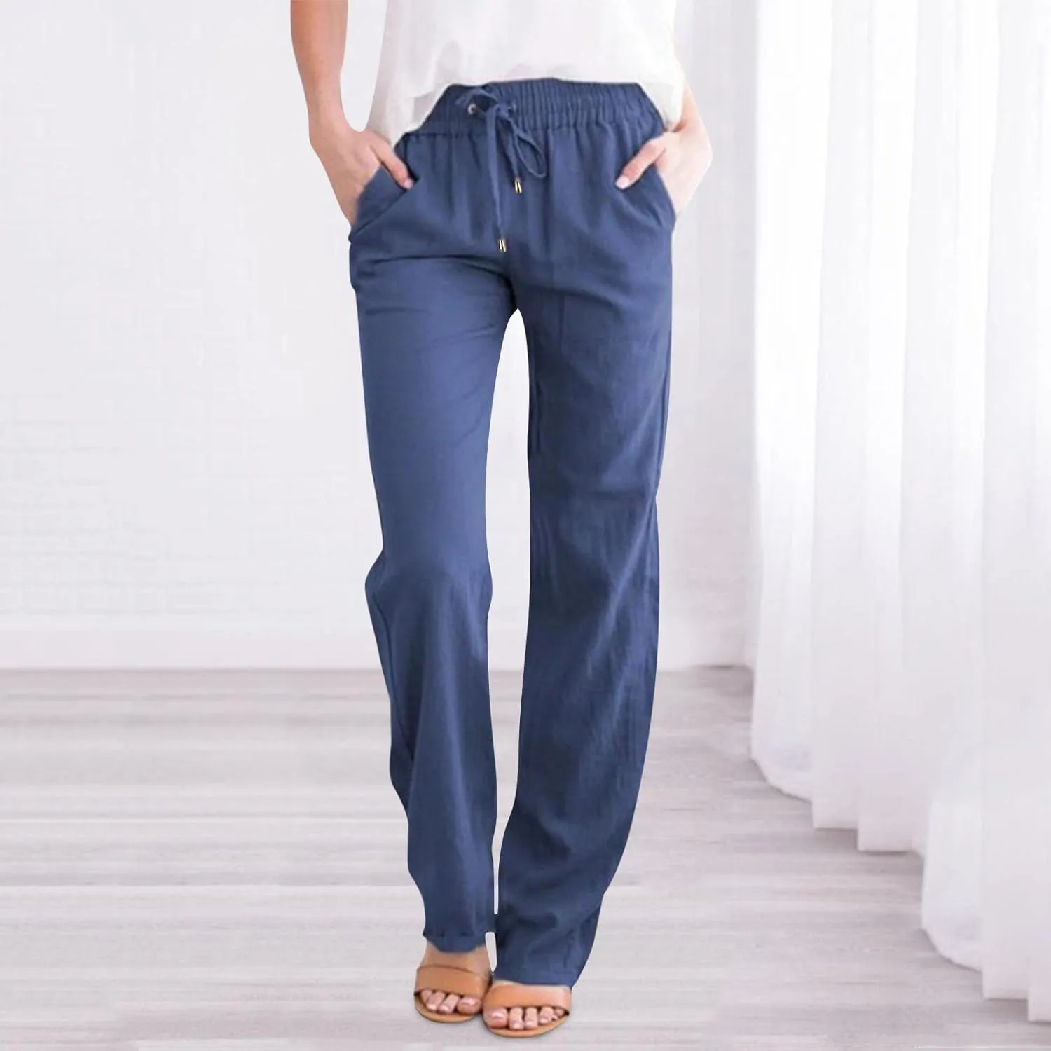 Long Lounge Pants for Women Drawstring Straight Leg Casual Pant Cotton Linen Cropped Pant Elastic Yoga Trousers with Pocket