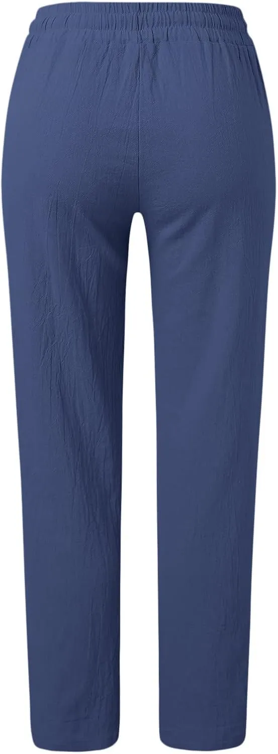 Long Lounge Pants for Women Drawstring Straight Leg Casual Pant Cotton Linen Cropped Pant Elastic Yoga Trousers with Pocket