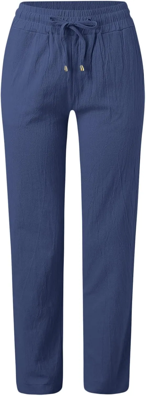 Long Lounge Pants for Women Drawstring Straight Leg Casual Pant Cotton Linen Cropped Pant Elastic Yoga Trousers with Pocket