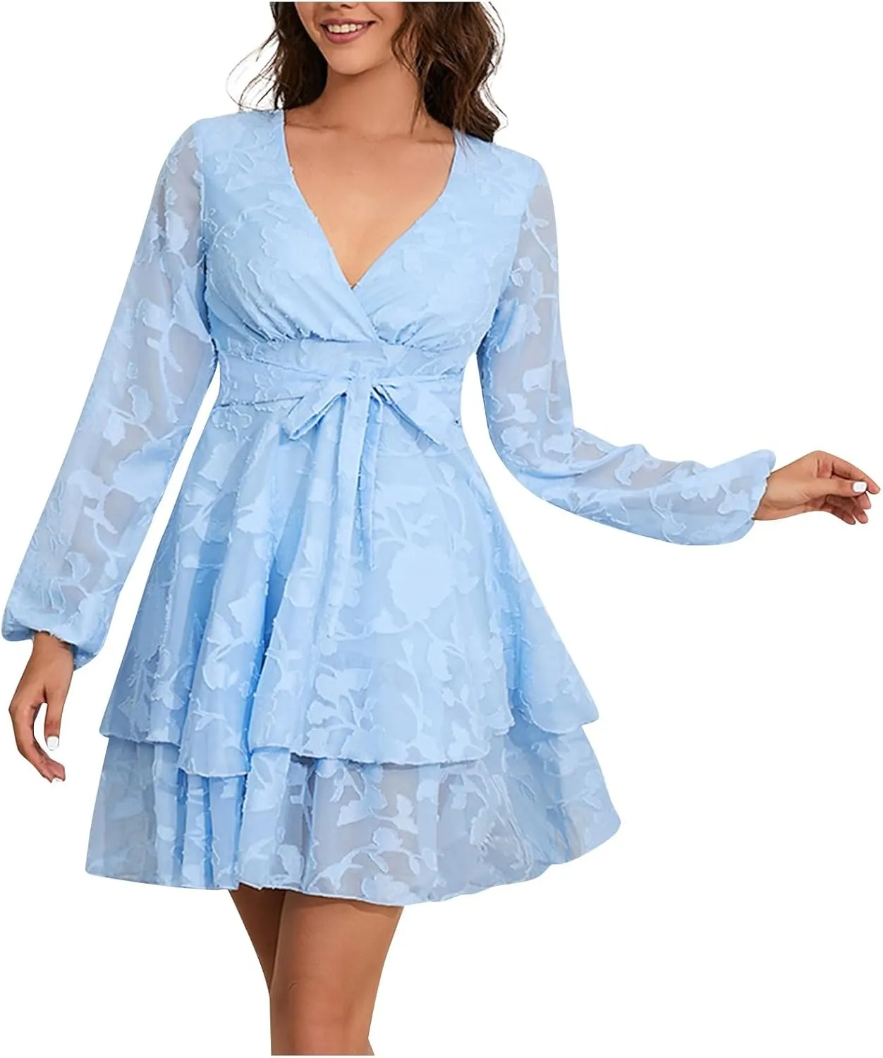 Long Sleeve Chiffon Lace Midi Dress Casual Trendy Sexy V Neck Elegant Formal Smocked Flowy A Line Cute Party Dress