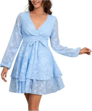 Long Sleeve Chiffon Lace Midi Dress Casual Trendy Sexy V Neck Elegant Formal Smocked Flowy A Line Cute Party Dress