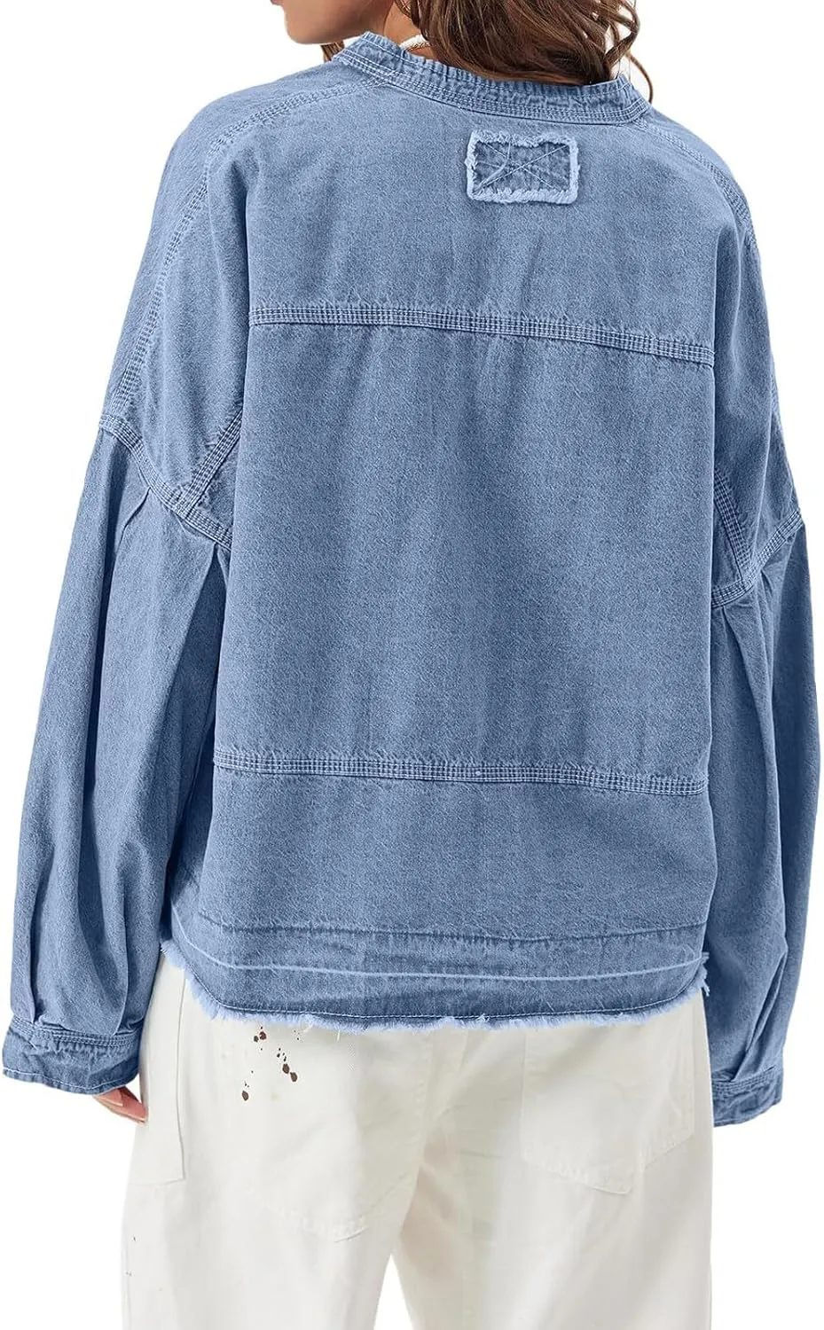 loveimgs Women Oversized Denim Shirt Sweatshirt V Neck Long Sleeve Y2k Jean Shacket Denim Blouse Hoodie Pullover Top